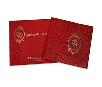 Gate fold tamil wedding Invitation in maroon with floral motifs